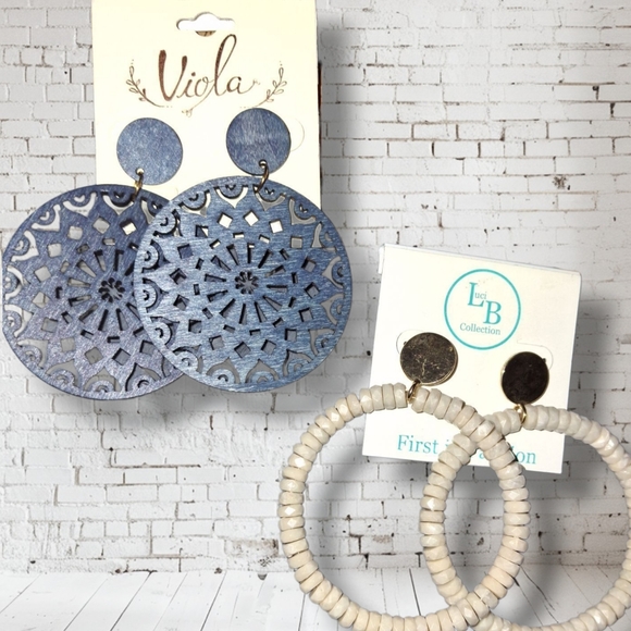 Viola Jewelry - 2pairs Chunky Boho Earrings Wooden Laser Cut And Open Circle